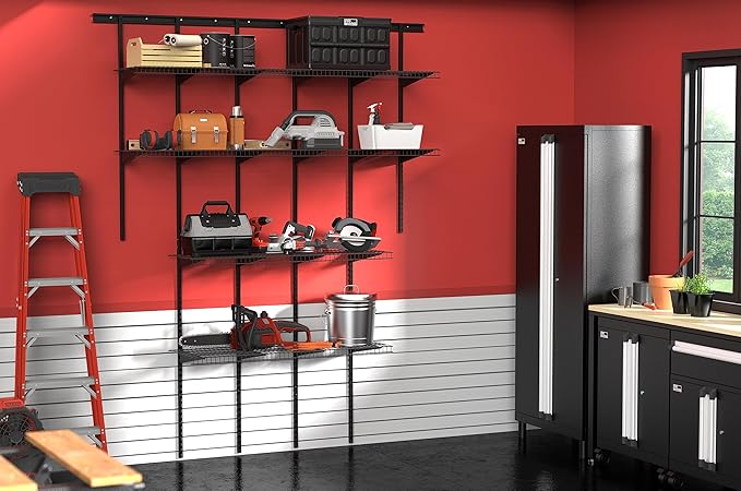 ClosetMaid MaxLoad Heavy Duty Wall Shelf Kit for Garage, 6 – 10 Ft., Adjustable ShelfTrack Wire Shelving, Black Finish