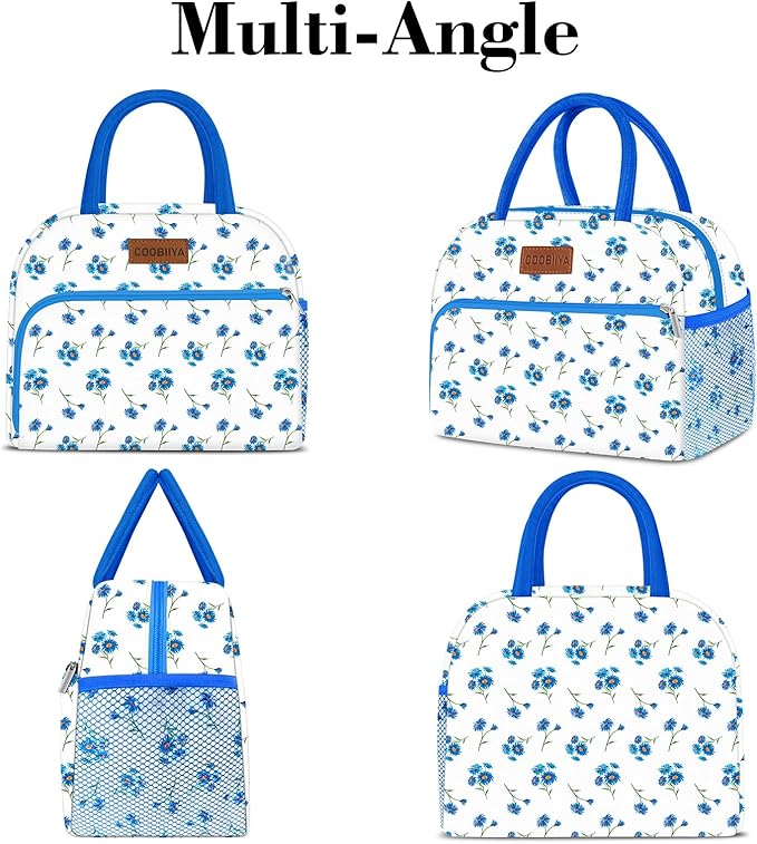 Coobiiya Lunch Bag Women, Lunch Box for Women Adult Men, Small Lunch Bag Leak-proof Cute Lunch Tote Large Capacity Reusable Insulated Cooler for Work/Office/Picnic/Travel-Blue Daisy