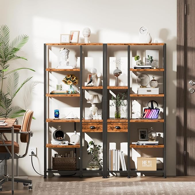 Furologee 6-Tier Bookshelf with Charging Station, Double Display Shelf with Drawer, Tall Freestanding Bookcase, Metal Open Book Shelf for Living Room, Bedroom, Home Office, Rustic Brown