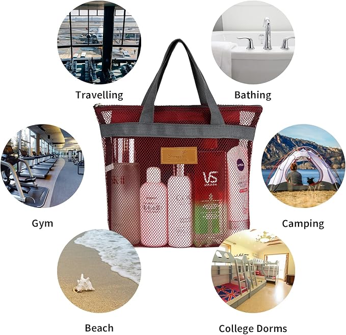 Mesh Shower Caddy Bag Portable Hanging Toiletry and Bath Organizer with Zipper for Travel, Gym, Camping, College Dorms, Beach
