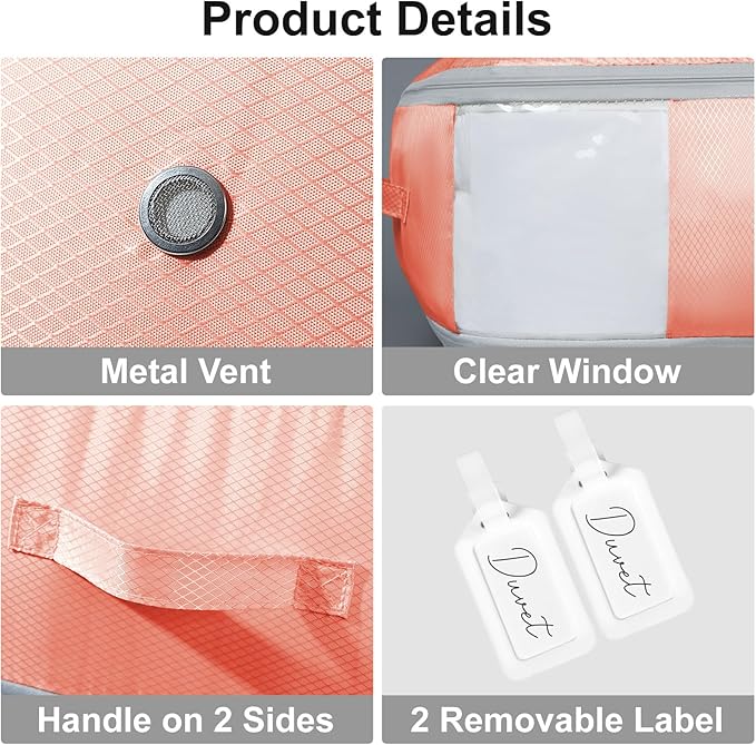 Comforter Storage Bag - Large Capacity Blanket Storage Bags 3-Layer Ultra Space Saving Self Compression Organizer, Washable Compression Bags for Storage Comforter Blanket, 2-Pack, Pink