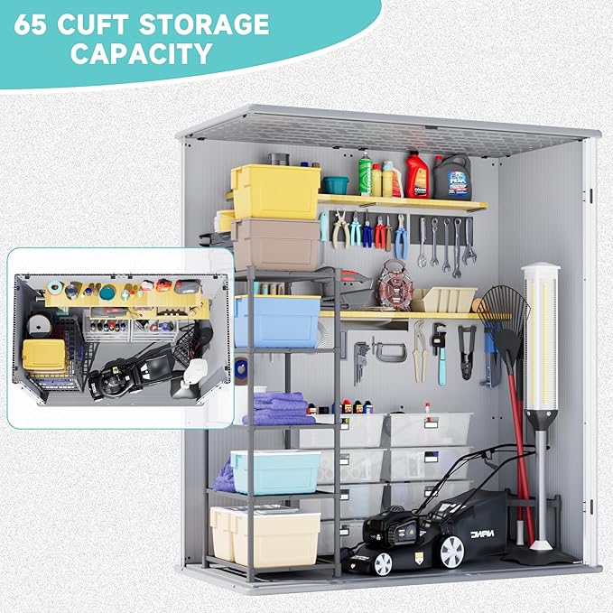 Greesum 5×3FT Plastic Outdoor Storage Shed with Floor, Resin Storaged Sheds with Lockable Door, Window & Vent, All-Weather Tool Sheds for Garden, Backyard, Patio, Light Gray (4.7×2.5FT)