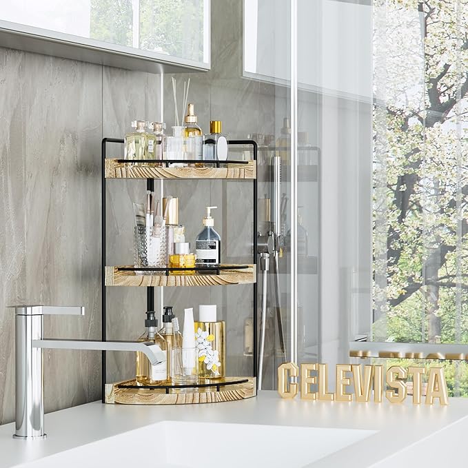 Corner Bathroom Counter Organizer, 3 Tier Bathroom Storage Countertop for Skincare, Sink Shelf for Kitchen Decor, Vanity, Dresser, Makeup, Gift(Rustic Brown)