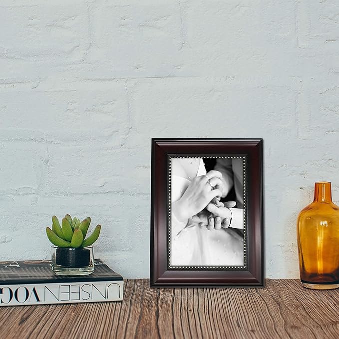 GraduationMall 4x6 Picture Frames, Real Glass, Display Photos for Wall or Tabletop, Mahogany with Gold Beads, 2-Pack