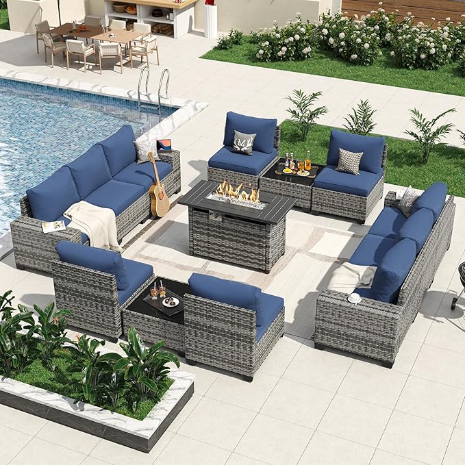 Aoxun 13 Pieces Patio Furniture Set with 44” Fire Pit Table Wicker Rattan Outdoor Sectional Conversation Set with Coffee Table and 4” Thickened Cushions, Gray/Blue(Waterproof Cover Included)