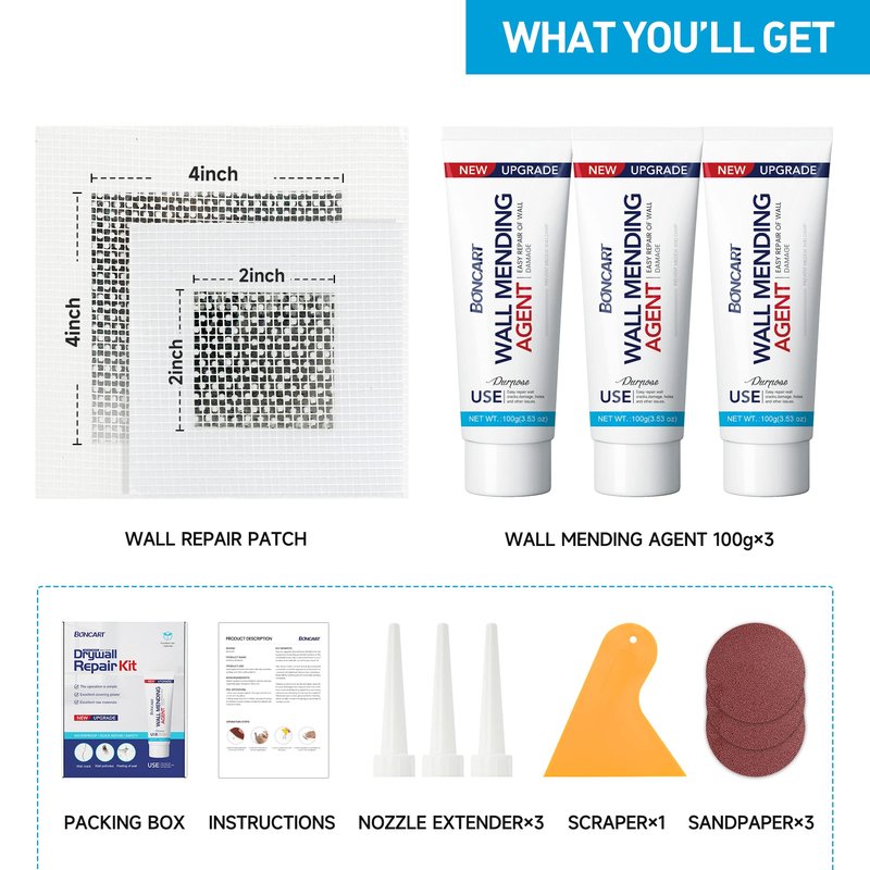 BONCART Drywall Repair Kit, Spackle Wall Repair Kit, 3 Pack Wall Mending Agent Putty, Wall Repair Paste Plaster for Wall Crack/Nail Hole, Wall Hole Filler with 2inch 4inch Wall Patch