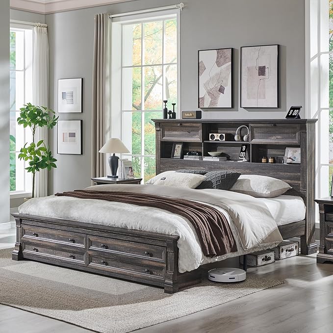 Farmhouse Queen Size Bed Frame with 54" Tall Headboard, Headboard with 4 Storage Rack, 2 Drawers, 18" Roman Column Decoration Footboard, Wood Platform Bed Frame, No Box Spring Needed(Dark Rustic Oak)
