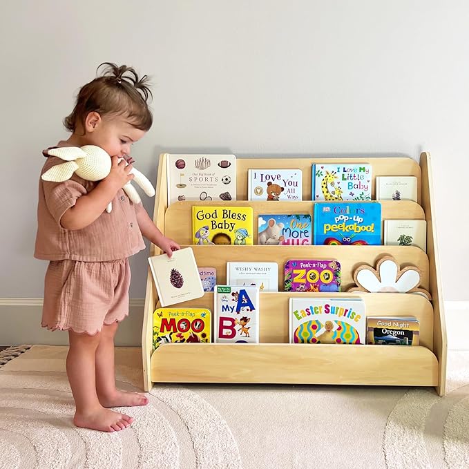 OOOK Kids Bookshelf, Wooden 4-Tier Front Facing Book Display Shelf for Kids, Toddler Montessori Bookshelf for Classroom, Playroom, Nursery