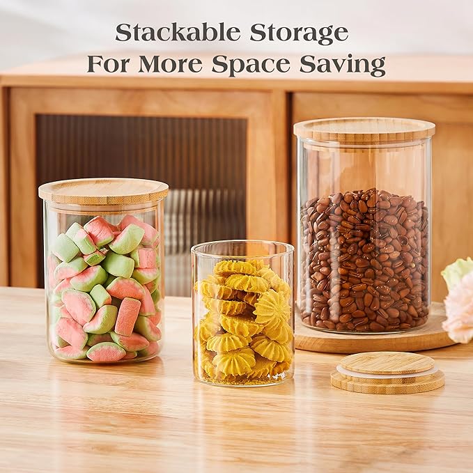 Amisglass Glass Storage Containers with Wooden Lids, Airtight Canister for Kitchen Countertop Set of 3,Large Flour and Sugar Containers for Candy, Cookie, Rice, Coffee Beans, Snacks, Spices