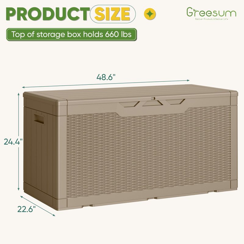 Greesum Outdoor Storage Box 100 Gallon Storage Bin with Lid for Patio Furniture, Garden Tools, Pool Supplies, Lockable, Waterproof and UV Resistant, Light Coffee