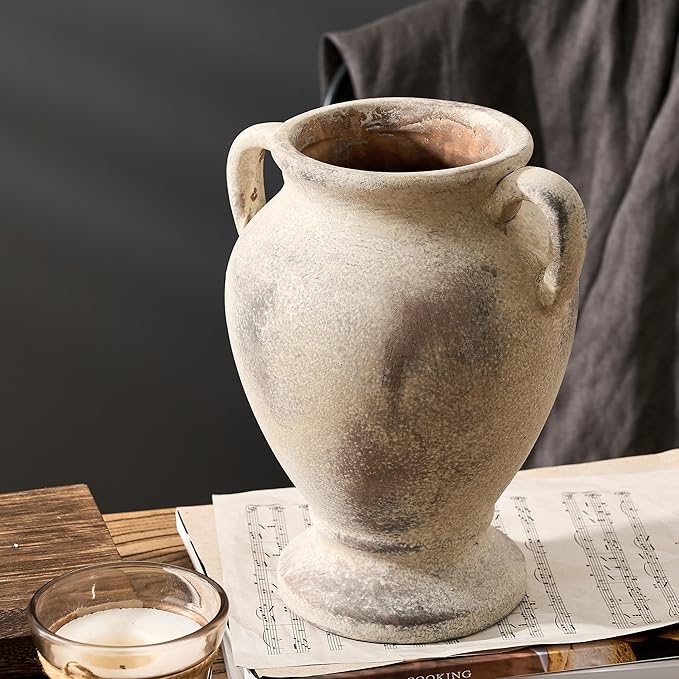 Ceramic Rustic Flower Vase with Handles, 8.46 Inch Tall Vintage Pottery Home Decor, Farmhouse Terracotta Vase for Living Room, Table, Shelf, Mantel Decoration, Farmhouse- Brown
