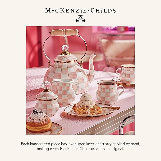 MACKENZIE-CHILDS Enamel Everyday Bowl, Serving Bowl for Entertaining, Medium, Pink-and-White Rosy Check, Set of 1