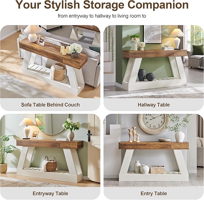 OKD 60" Farmhouse Entryway Table with Drawer, Console Table Behind Sofa, Narrow Long Entryway for Hallway, Living Room, Hallway, Behind Couch(Antique White)