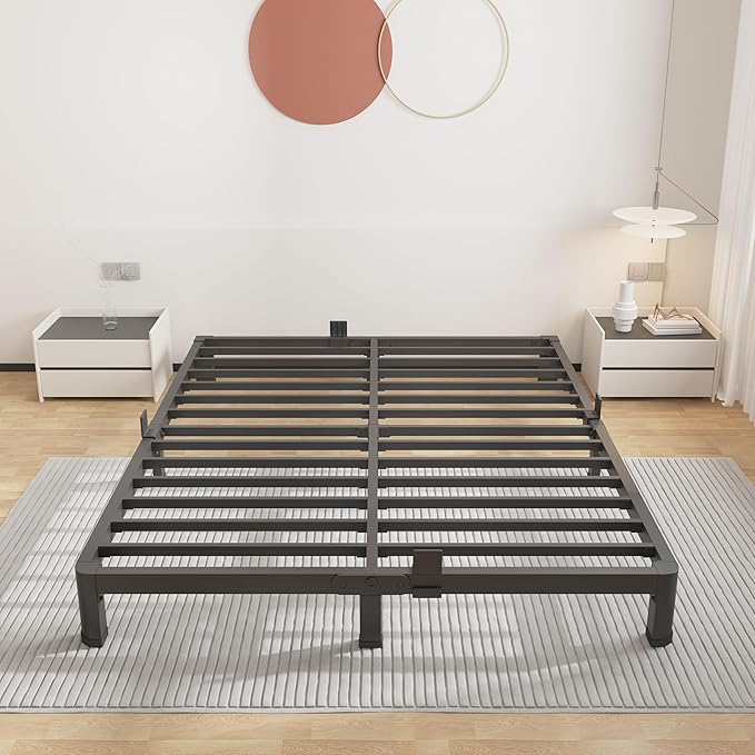 ROIL 4 inch King Size Bed Frame Metal Platform No Box Spring Needed with Round Corner Legs Mattress Stoppers Retainers 3500LBS Heavy Duty Steel Slats Noise-Free