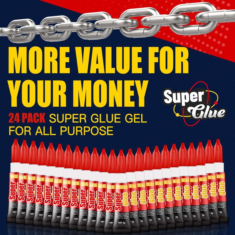 3 Gram (Pack of 24) Single use Super Glue Gel, Super Fast, Thick & Strong Adhesive Superglue, Cyanoacrylate Glue for Hard Plastics, DIY Craft, Ceramics, Frame, Leather, Metal Etc