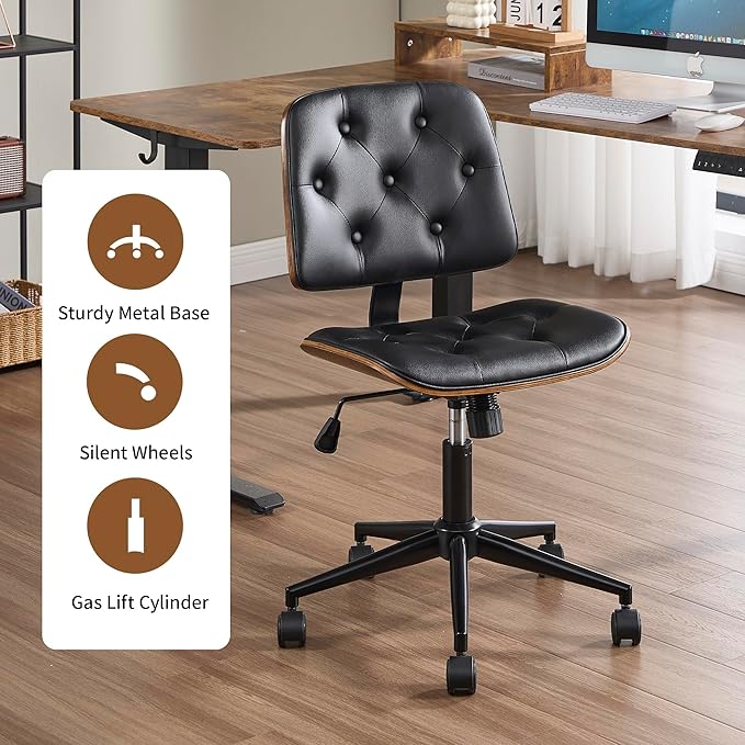 Small Home Office Chair - Armless Mid Back Desk Chair with 360° Swivel and Wheels, PU Upholstered Height Adjustable Modern Walnut Computer Chair for Home, Office Meeting Room - Black