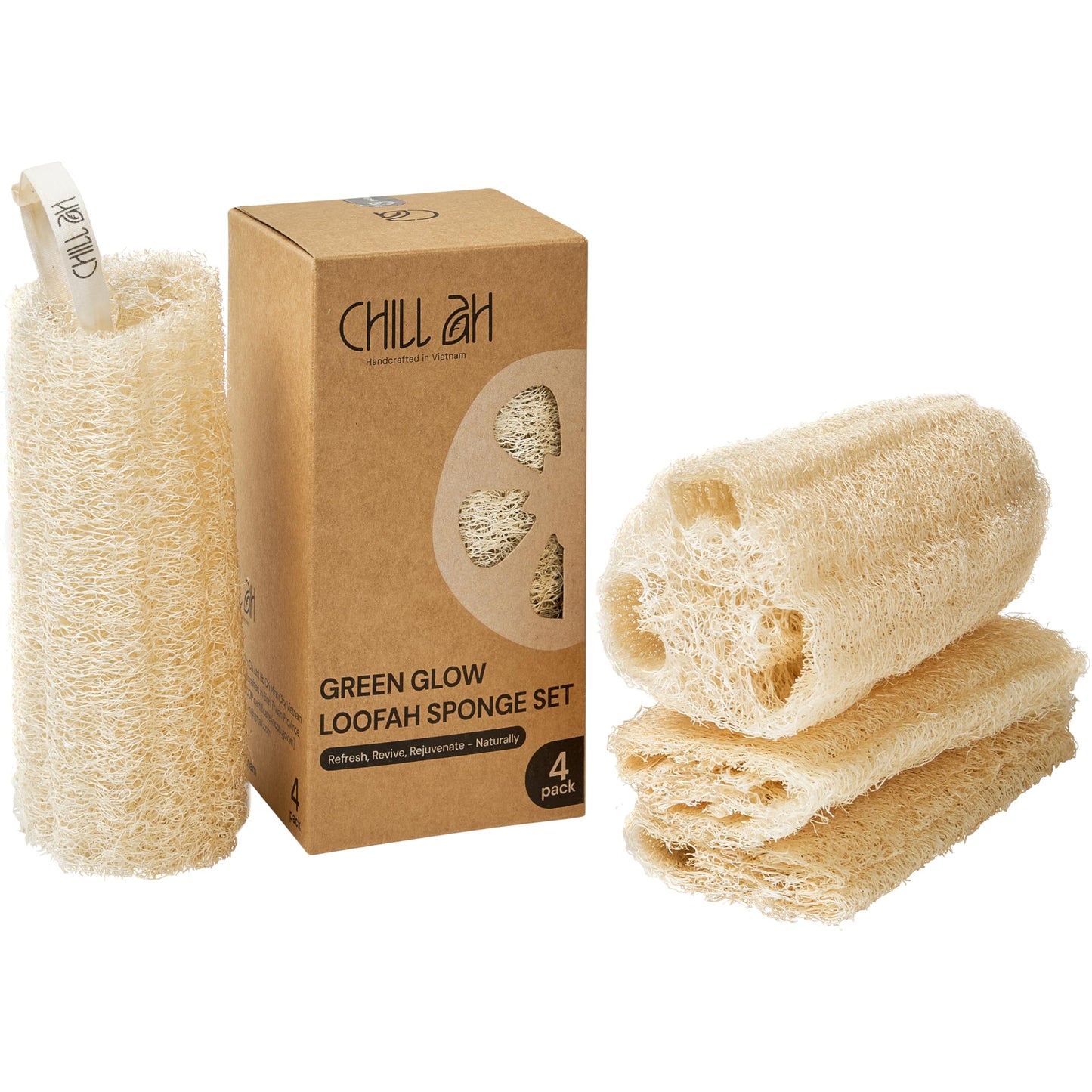 Chill Ah Natural Loofah Sponge Set β 100% Plant-Based, Dye-Free, Biodegradable Bath Exfoliator for Glowing Skin β Handcrafted in Vietnam (4-Pack)