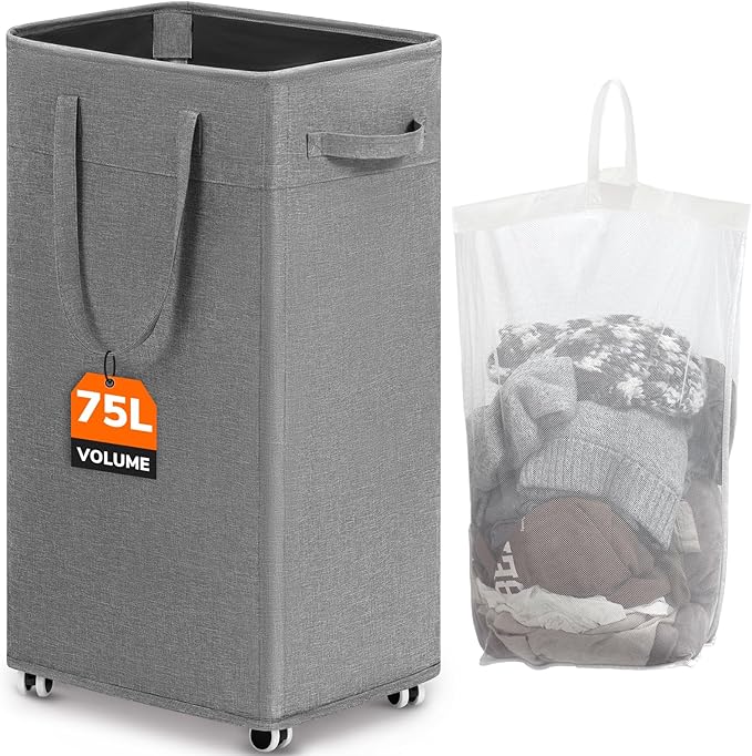 CHICVITA Laundry Basket with Wheels, 75L Slim Laundry Hamper with Removable Wash Bag for Bedroom, Clothes Hampers for College Dorm, Light Grey