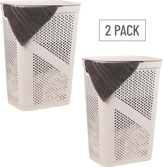 Mind Reader 60L Slim Laundry Hamper, Clothes Basket, Lid, Ventilated, Plastic, Set of 2, Ivory