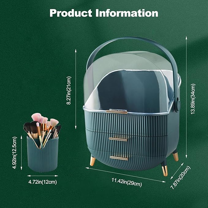 Ergocar Cosmetics Organizer Make Up Case Dustproof Cosmetic Storage Box, Cosmetics Skin Care Products Multi-Function Jewelry Organizer Case - green-1