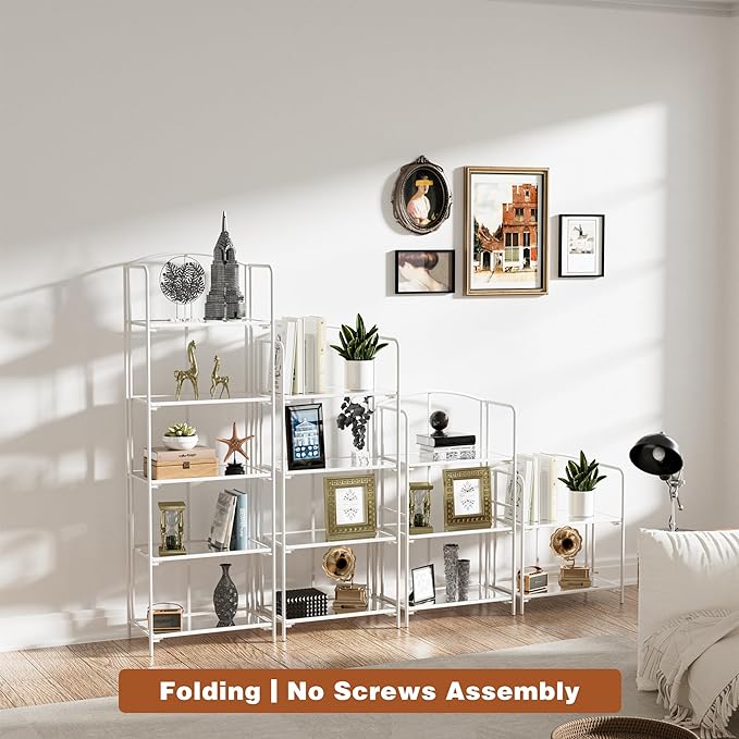 Crofy No Assembly Folding Bookshelf for Living Room, 5 Tier White Collapsible Book Shelf for Home Office, Portable Bookcase Storage Organizer