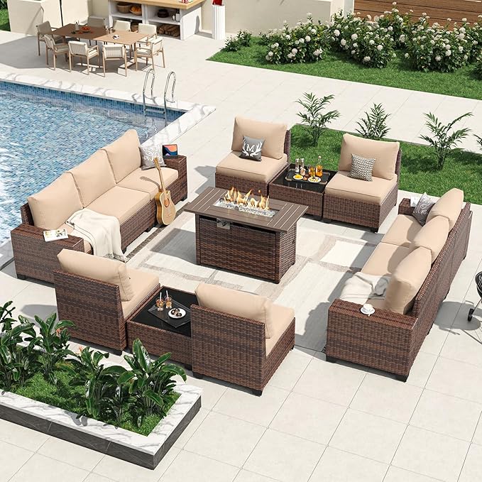 Aoxun 13 Pieces Patio Furniture Set with 44” Fire Pit Table Wicker Rattan Outdoor Sectional Conversation Set with Coffee Table and 4” Thickened Cushions, Beige (Waterproof Cover Included)
