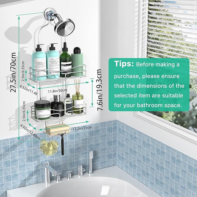 Shower Caddy - Organizer with 6 Hooks, Soap Basket & Self-Adhesive Pad, Silver