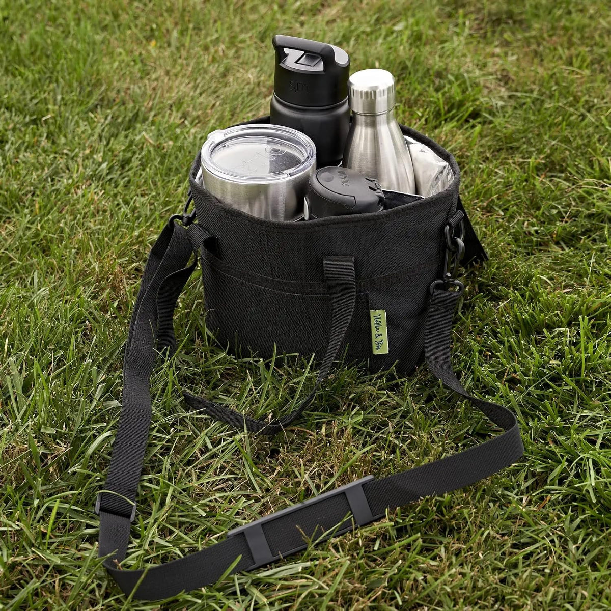 4 Water Bottle Holder with Strap | Family Size 4 Compartment Drink Bag, Multiple Tumbler Carrier Caddy | Adjustable Fits Large & Small Drinks | Hands Free, Won't Tip Over in Car (Lavender)