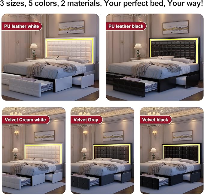 King LED Bed Frame with 4 Drawers, Bed Frame with Led Lights Adjustable Upholstered Headboard Platform Bed with Wooden Slats Support, No Box Spring Needed, PU Black