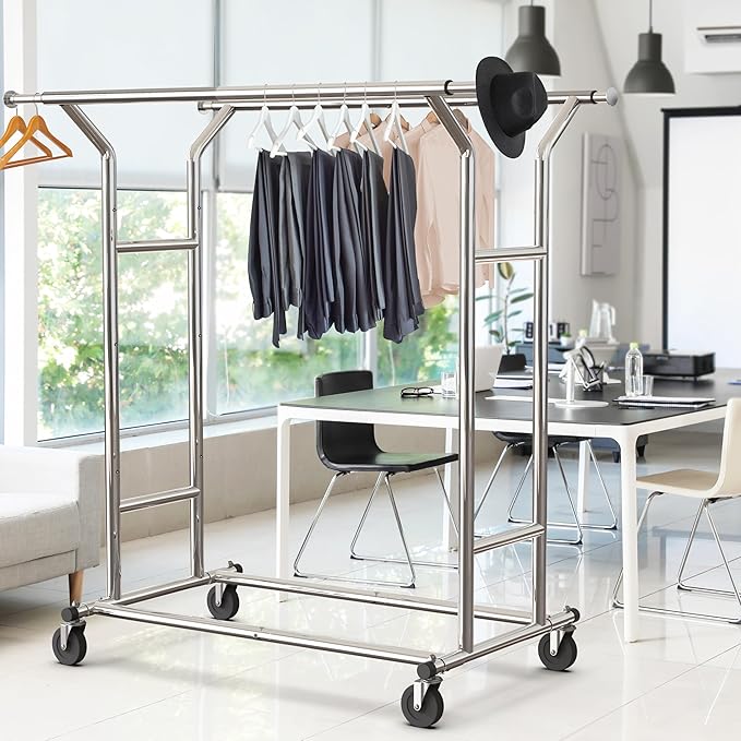 Simple Houseware Heavy Duty Double Rail Clothing Garment Rack, Holds Up to 200 lbs, 43 to 67 Inches Extendable Rod, Chrome