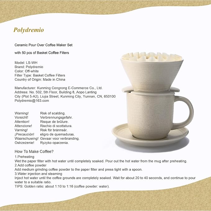 Polydremio Pour Over Coffee Maker, with 50 PCS Basket Coffee Filters, 310 ml/10 oz Mug with Saucer & Coffee Dripper, Ceramic, Off-white