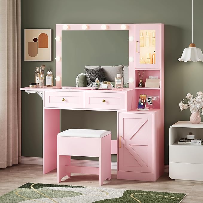 Makeup Vanity Desk with Mirror and Lights, Pink Vanity Table with LED Lighted Mirror & Power Outlet, Dressing Table with Chair, Large Storage Drawer & Cabinet, and Foldable Panel for Girls’ Bedroom