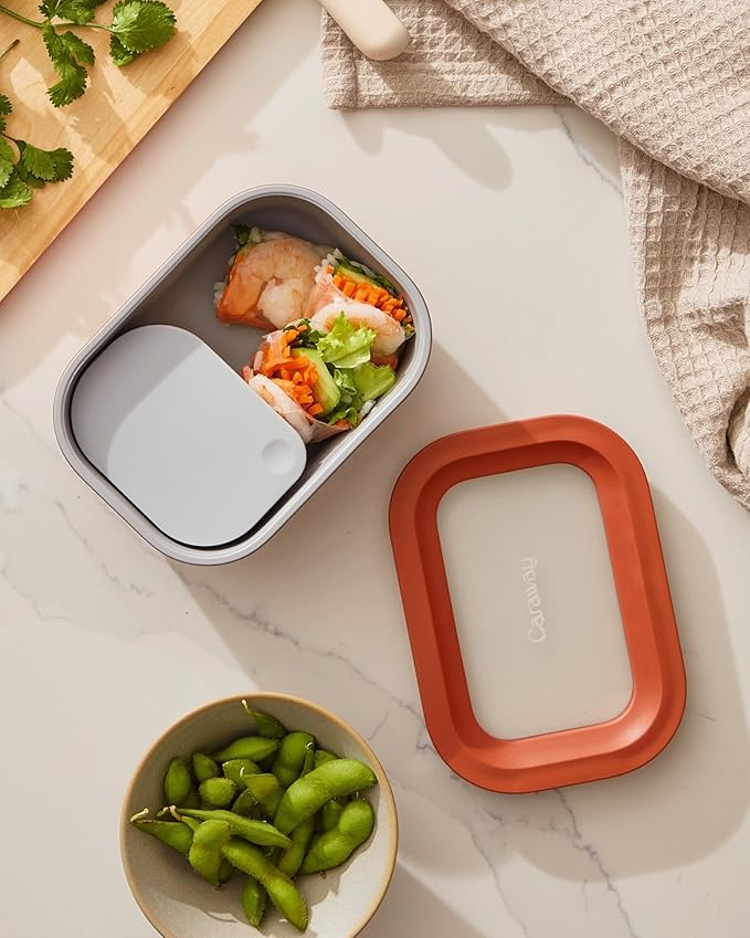 Caraway Mini Rectangle Food Storage Container - 2.6 Cup Glass Storage Container for Food - Non-Toxic Ceramic-Coated Glass - Air Release Technology - Compact & Stackable Design - Mist