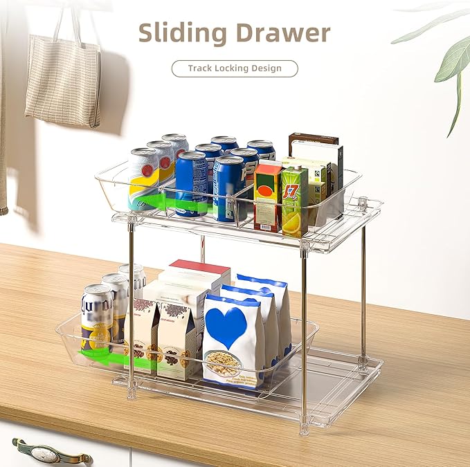 Under Sink Organizer, Bathroom Organizers and Storage, 2 Tier Multi-Use Pull Out Cabinet Organizer with Hang Hooks and Cups (transparent, 4 Pack)
