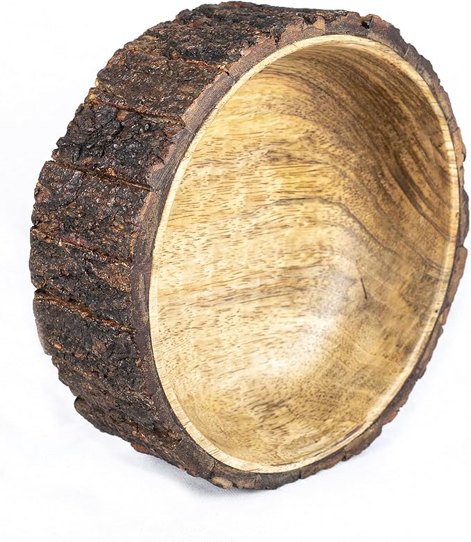 GoCraft Mango Wood Decorative Bowl with Tree Bark – 7.5" x 2.75" – Rustic Handmade Wooden Bowl for Potpourri, Snacks, Nuts, Salad – Natural Centerpiece for Table Décor