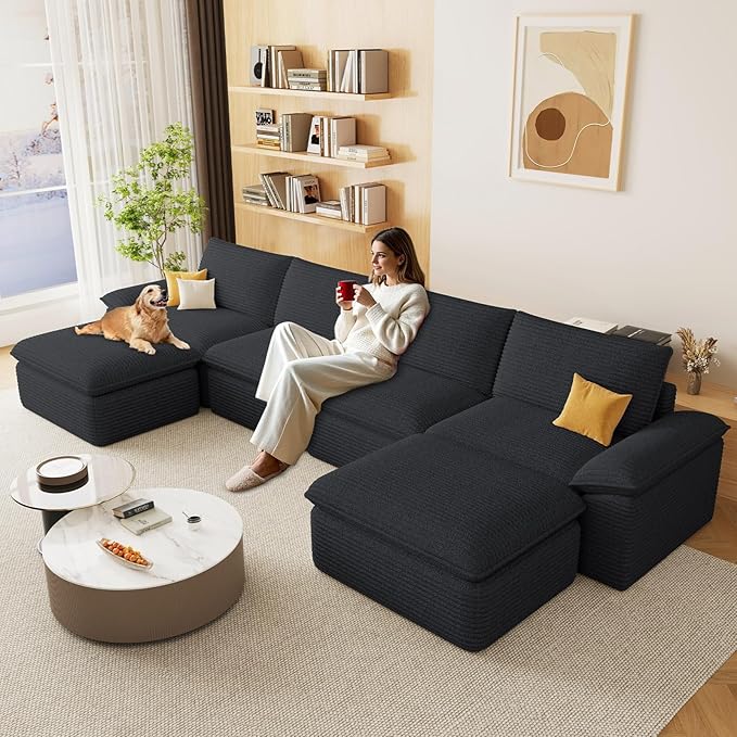 113.03" Sectional Couches for Living Room Modern Modular Sofa Couchs Upholstered Corduroy Boneless Couch Deep Seat Cloud Couch with Ottoman, No Assembly Required, Black