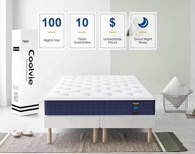 Coolvie Twin XL Hybrid Mattress, 10 Inch Medium Firm Mattress in a Box, Gel Memory Foam for Refresh Sleep and Individual Pocket Springs for Back Pain, CertiPUR-US Certified & Fiberglass Free