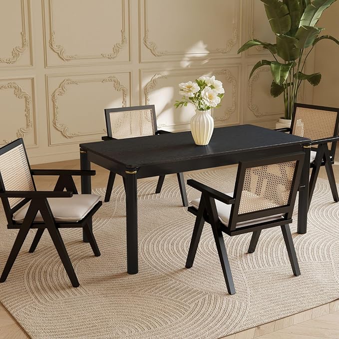 63" Dining Table for 4-6 People, Modern Farmhouse Rectangular Kitchen Table with Solid Wood Legs & Gold Trim, Large Long Dining Room Table for Living Room, Black (Table Only)