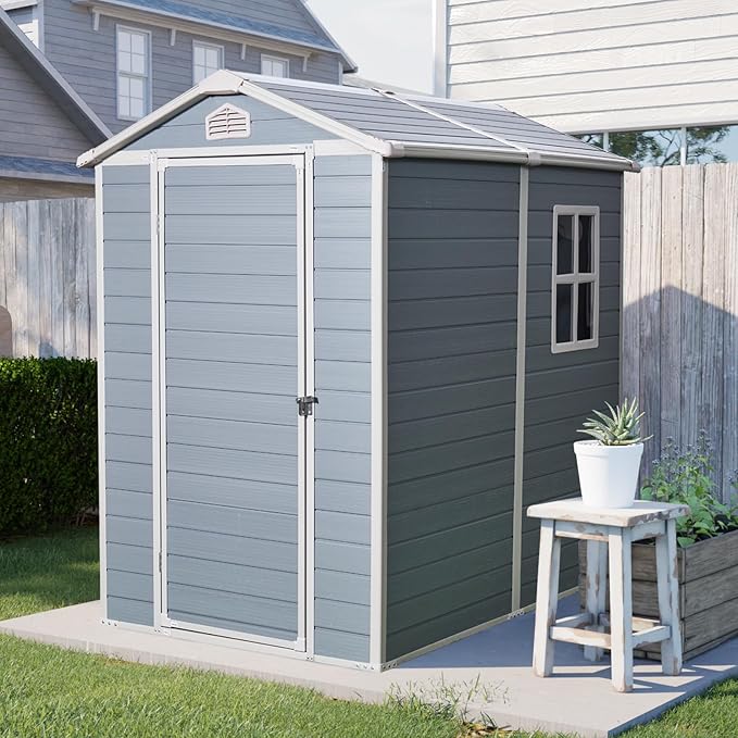 4' x 6' Resin Storage Shed Outdoor, PP Material & Strong Structure for All Weather, Plastic Garden Shed w/Window for Garden, Backyard, Poolside and Lawn, 15mm Thick PP Board - Light Grey
