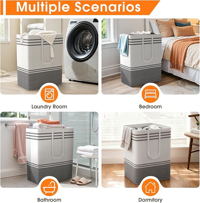 2 Pack Large Home Laundry Basket, Laundry Hamper, Freestanding Waterproof Dirty Clothes Bag, Tall Clothes Hamper - Extended & Reinforced Handles for College Dorm, Family (Light Grey/125L)