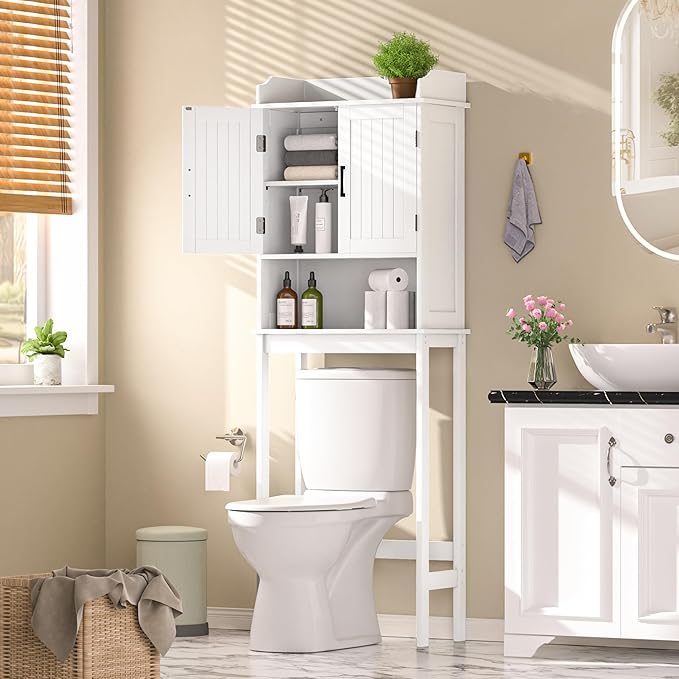 Over-The-Toilet Storage Shelf with Doors, Bathroom Freestanding Space Saver Organizer with Adjustable Shelf, White