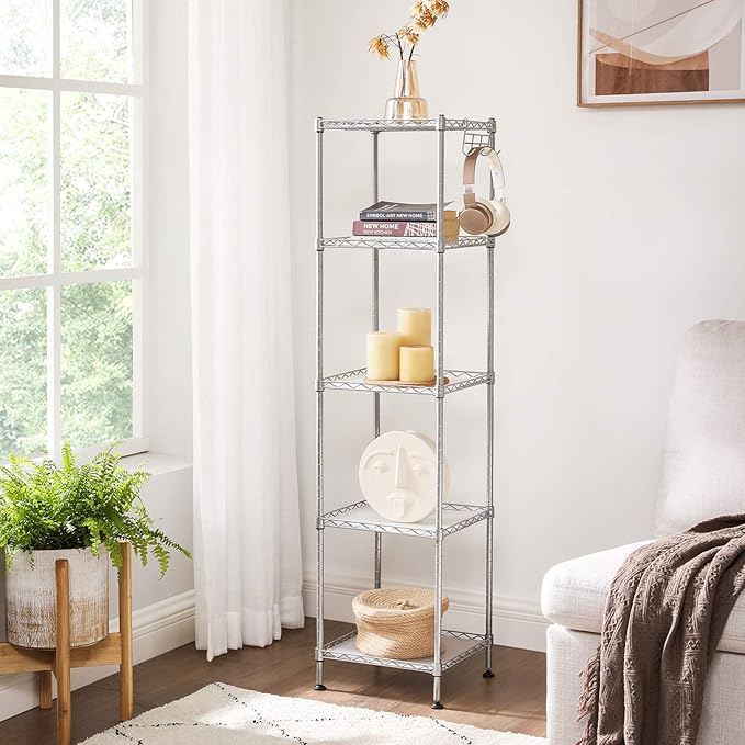 SONGMICS 5-Tier Bathroom Shelf, Storage Rack for Small Space, with 5 PP Shelf Liners, Removable Hook, Extendable Design, Silver and Translucent ULGR023S01