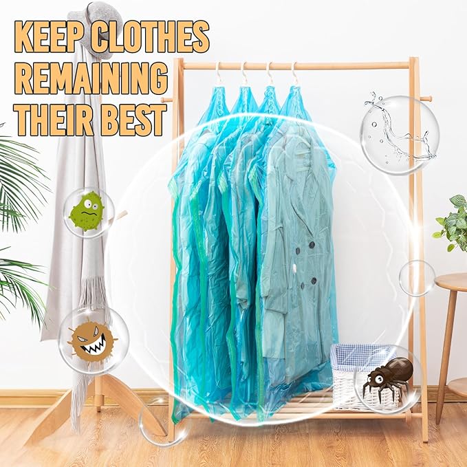 TAILI Hanging Vacuum Storage Sealer Space Saver Bags for Clothes, Coat, Closet Organizers, 4 Pack (2 Long, 2 Short) Blue