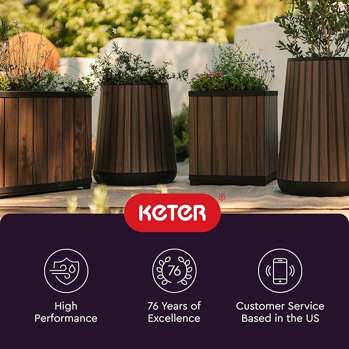 Keter Signature Conic 23.8 Inch Tall Round Large Wood Look Planter for Indoor or Outdoor Flower Pot Ideal for Patio Deck and Front Porch Decor, Rosewood