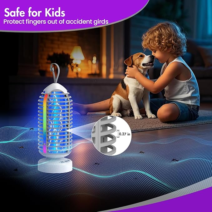 Bug Zapper Outdoor with Colorful Lighting and Auto-Sensing, 3 in 1 Cordless 4000mAh Battery Electric Fly Trap, Rechargeable Mosquito Zapper for Camping, Patios, Garden, Kitchen (2Pack-Grey)
