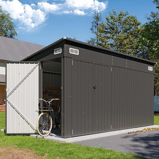 8'x12' Shed Galvanized Steel Storage Sheds with Triple Doors Utility Sheds for Vertical Storage, Dual Lock Lean to Shed with Sloped Roof for Mower, Bike, Garden Tools (Black)