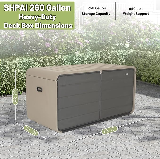 Resin Deck Box 260 Gallons, Extra Large Heavy-Duty Outdoor Storage Box, Lockable & Waterproof Patio Outside Storage Box for Patio Furniture, Garden Tools, Pool Supplies