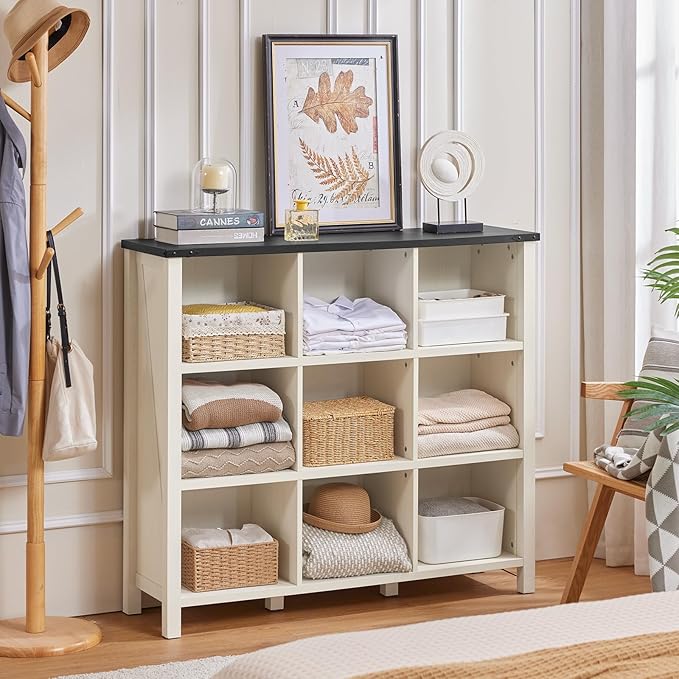 9 Cube Bookcase, Farmhouse 47 Inch Wide White Bookshelf, Wooden 3 Tier Display Large Open Book Shelf, Vintage Horizontal Book Case for Home Office, Cubby Storage Cabinet for Living Room