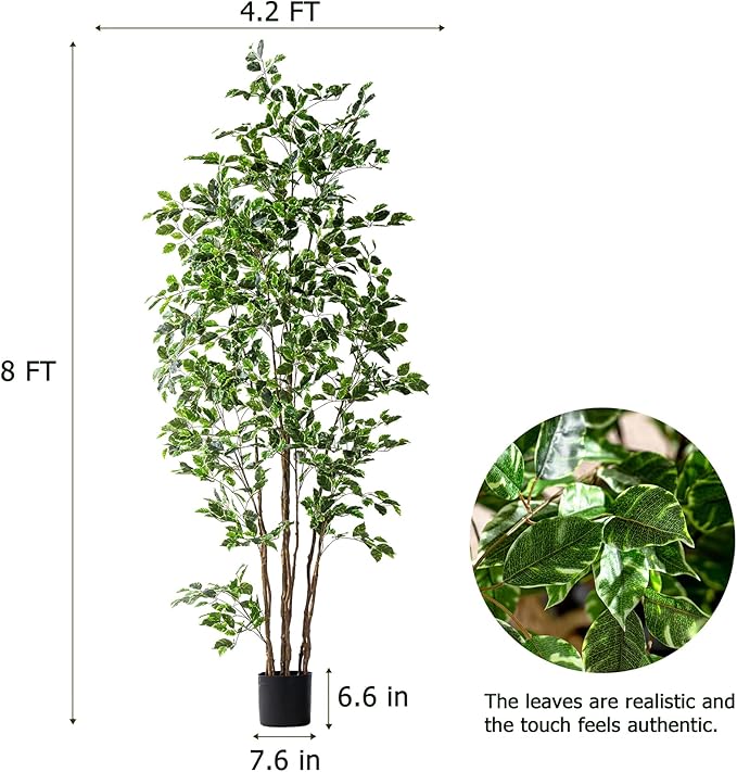 Artificial Ficus Tree Indoor 8ft, Large Potted Faux Tree with Realistic Silk Leaves & Trunk for Home Office, Living Room Corner Decor
