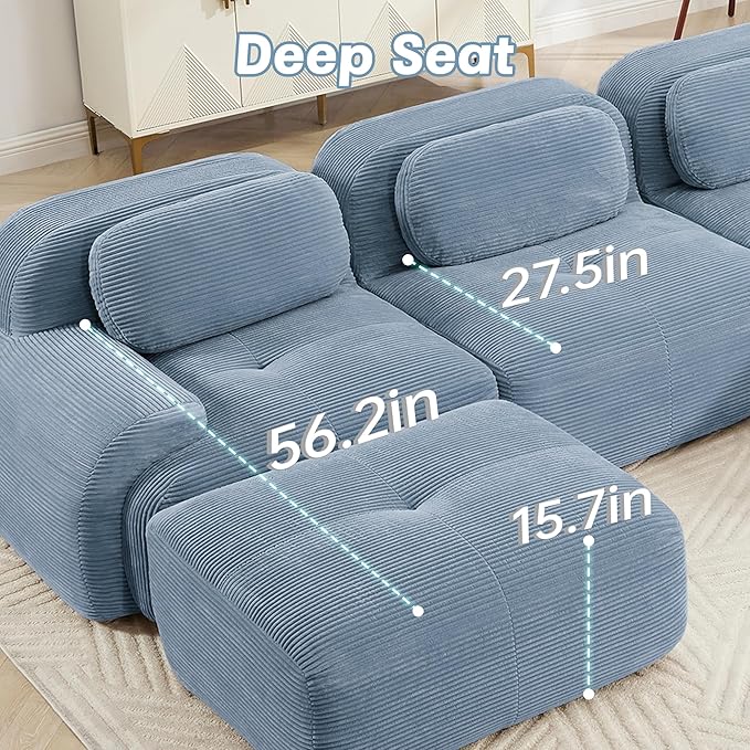 80" Modern Corduroy Boneless Love Seat Couches with 2 Ottomans, 2 Seater Large Sectional Couches for Living Room, Blue Cloud Modular Sectional Sofa, Memory Foam, Extra Deep Loveseat, No Assembly